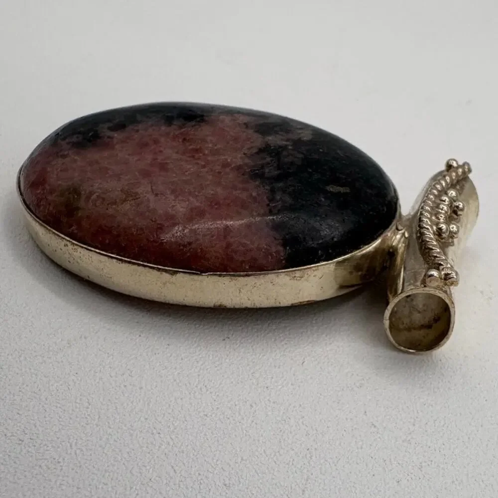 Rhodanite Pink & Black Stone Pendant in Sterling Silver Slide Setting